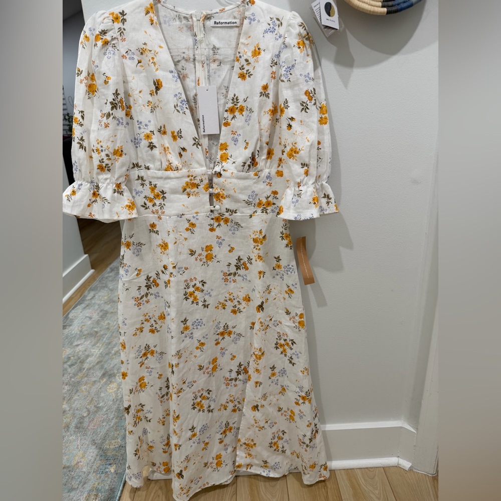 Reformation Cream Midi Dress with Yellow & Blue Floral Print - Picture 7 of 7